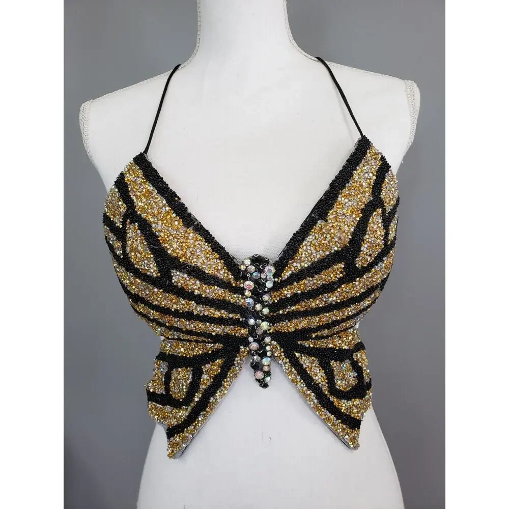 Vintage 00s Butterfly Crop Top Gold Black Rhinestones Strappy Open Back y2k 2000 - Picture 8 of 12